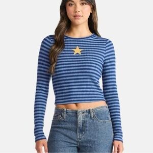 Blue + gold long sleeved slightly cropped top, retro star crop top, y2k shirt
